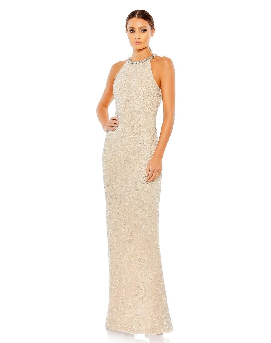 New Nwt Mac Duggal Beaded Sleeveless High Neck Column Gown Nude Silver Size 6